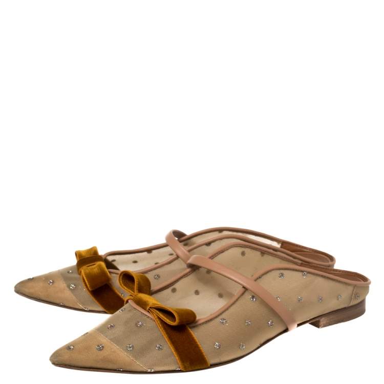 Pre Owned Malone Souliers By Roy Luwolt Brown/Beige Mesh And Velvet Marguerite Bow Mules Size 38.5  