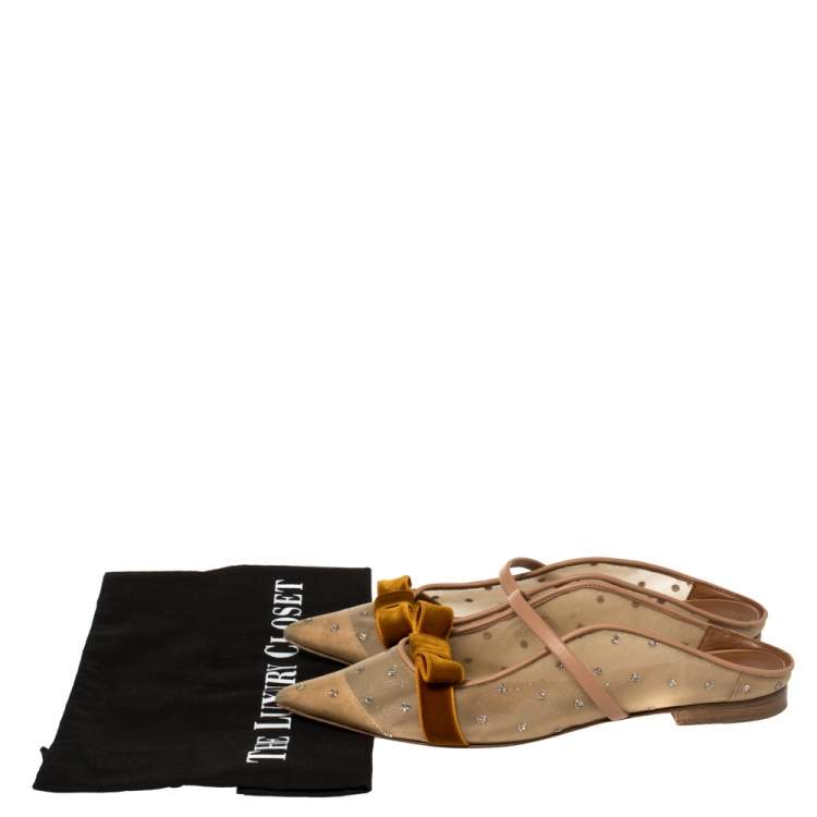 Pre Owned Malone Souliers By Roy Luwolt Brown/Beige Mesh And Velvet Marguerite Bow Mules Size 38.5  