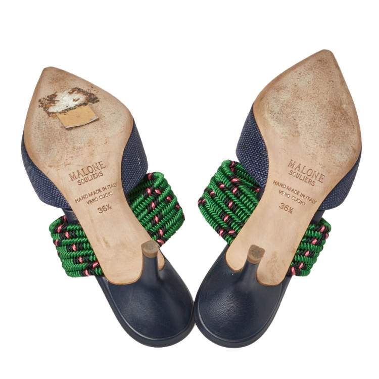 Pre Owned Malone Souliers Blue/Green Raffia And Fabric Maisie Mule Size 36.5