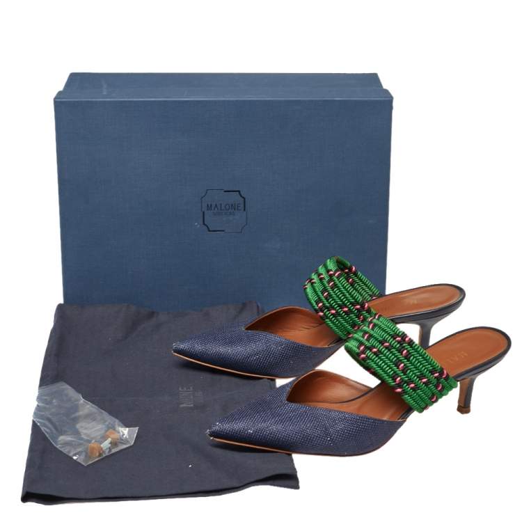 Pre Owned Malone Souliers Blue/Green Raffia And Fabric Maisie Mule Size 36.5