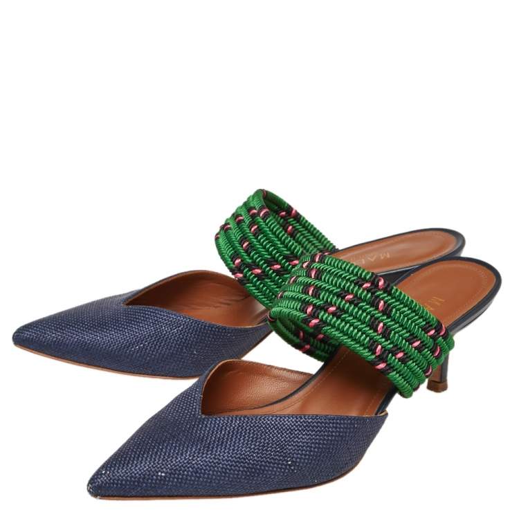 Pre Owned Malone Souliers Blue/Green Raffia And Fabric Maisie Mule Size 36.5