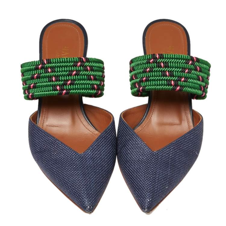 Pre Owned Malone Souliers Blue/Green Raffia And Fabric Maisie Mule Size 36.5
