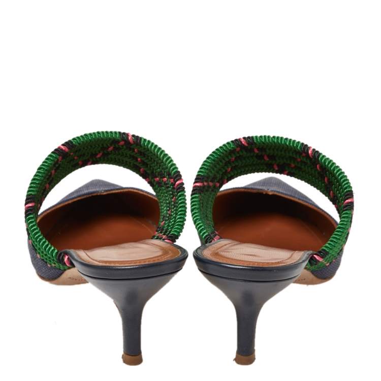 Pre Owned Malone Souliers Blue/Green Raffia And Fabric Maisie Mule Size 36.5