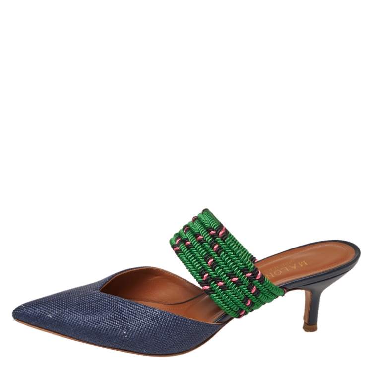 Pre Owned Malone Souliers Blue/Green Raffia And Fabric Maisie Mule Size 36.5
