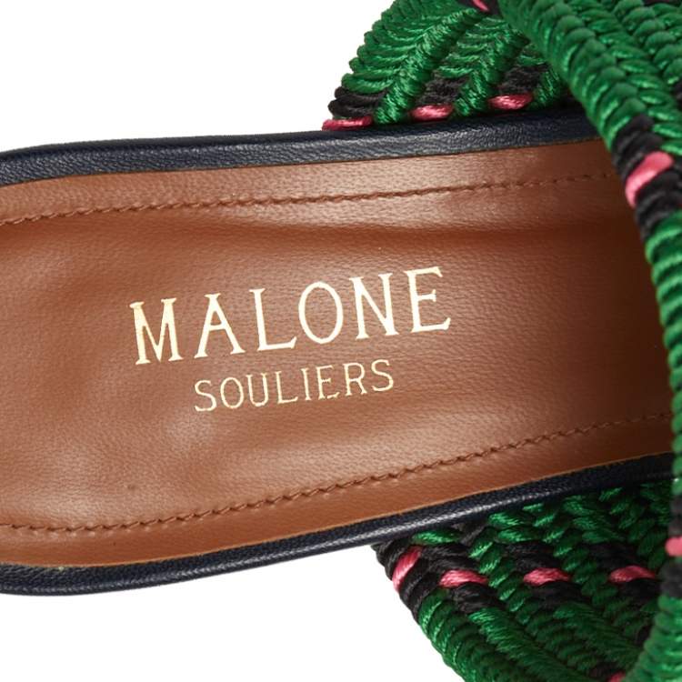 Pre Owned Malone Souliers Blue/Green Raffia And Fabric Maisie Mule Size 36.5