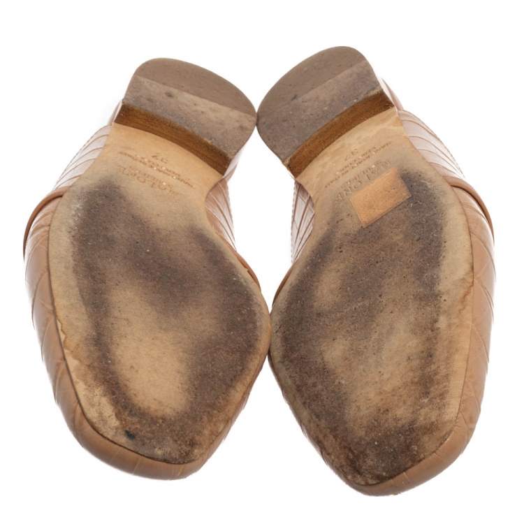 Pre Owned Malone Souliers Beige Croc Embossed Leather Jada Flat Mules Size 37