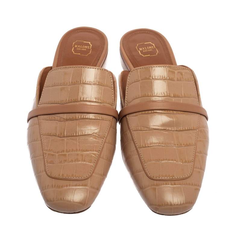 Pre Owned Malone Souliers Beige Croc Embossed Leather Jada Flat Mules Size 37