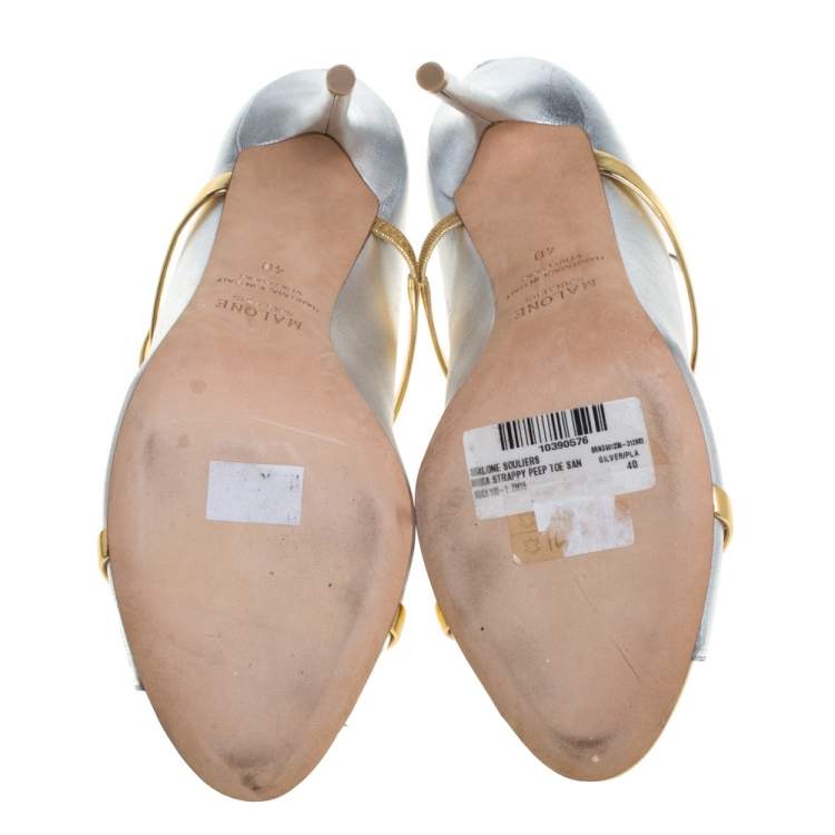 Pre Owned Malone Souliers Metallic Leather Mika Triple Band Peep Toe Sandals Size 40