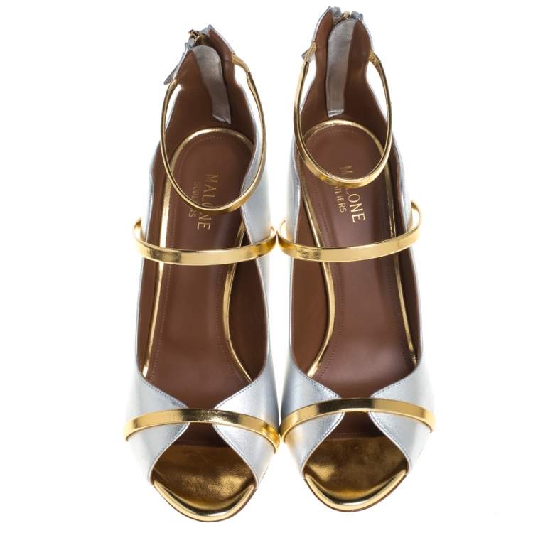 Pre Owned Malone Souliers Metallic Leather Mika Triple Band Peep Toe Sandals Size 40
