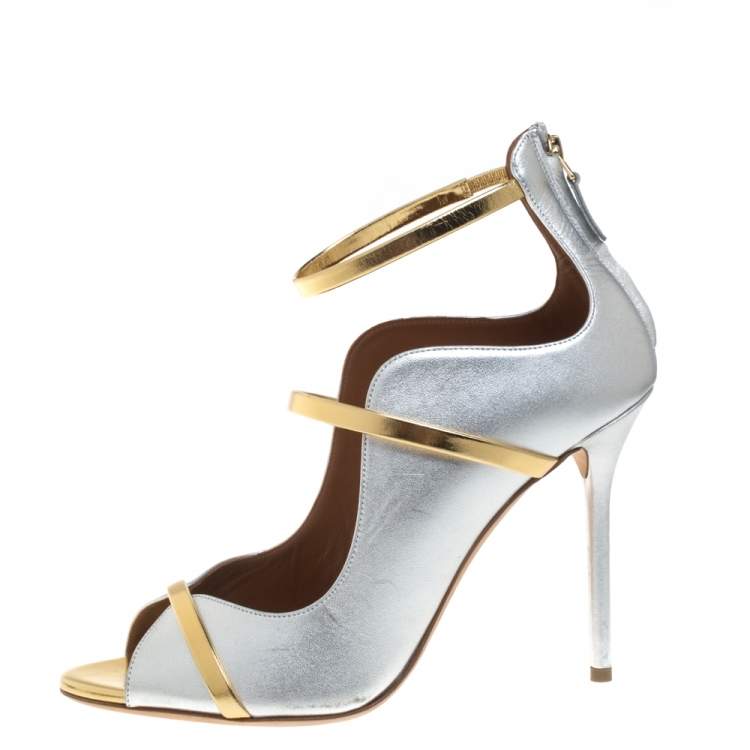 Pre Owned Malone Souliers Metallic Leather Mika Triple Band Peep Toe Sandals Size 40