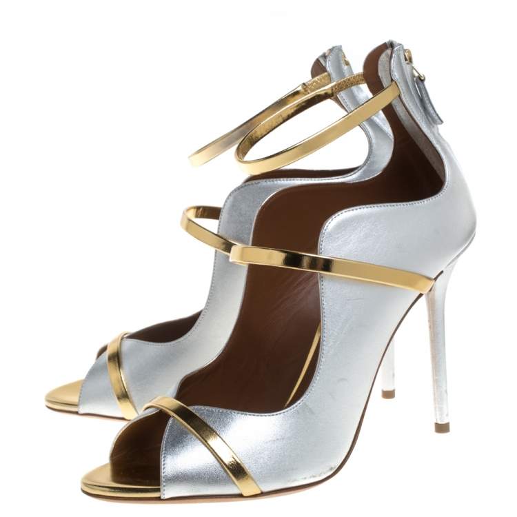 Pre Owned Malone Souliers Metallic Leather Mika Triple Band Peep Toe Sandals Size 40