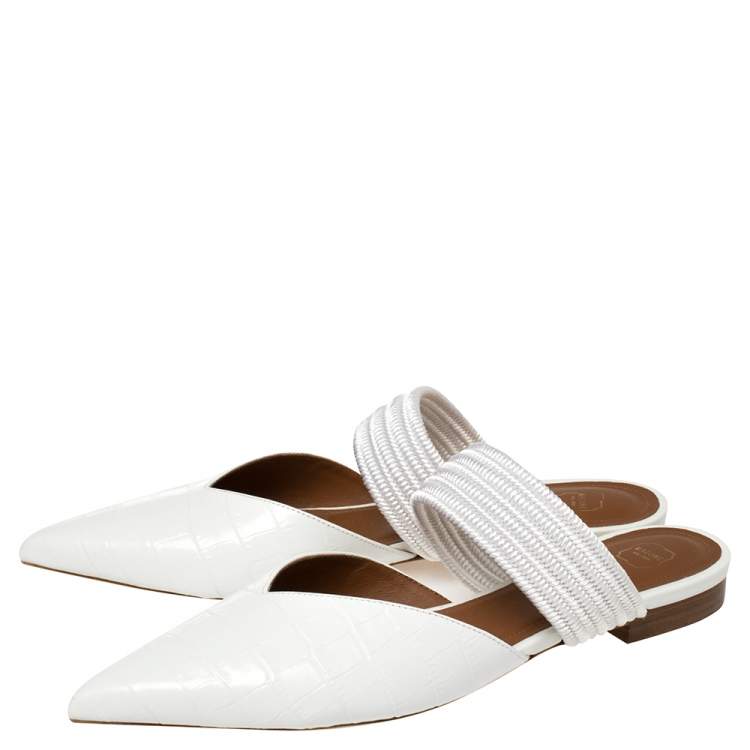 Pre Owned Malone Souliers White Croc Embossed Leather and Canvas  Maisie mule Flats Size 40