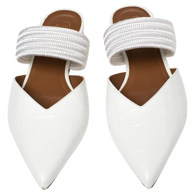 Pre Owned Malone Souliers White Croc Embossed Leather and Canvas  Maisie mule Flats Size 40