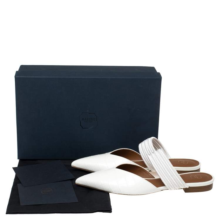 Pre Owned Malone Souliers White Croc Embossed Leather and Canvas  Maisie mule Flats Size 40