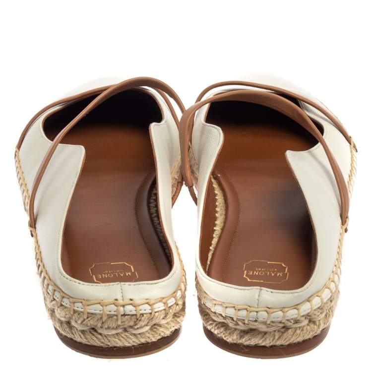 مملوكة مسبقًا Malone Souliers White/Beige Leather Sienna Flat Espadrille Mules Size 39