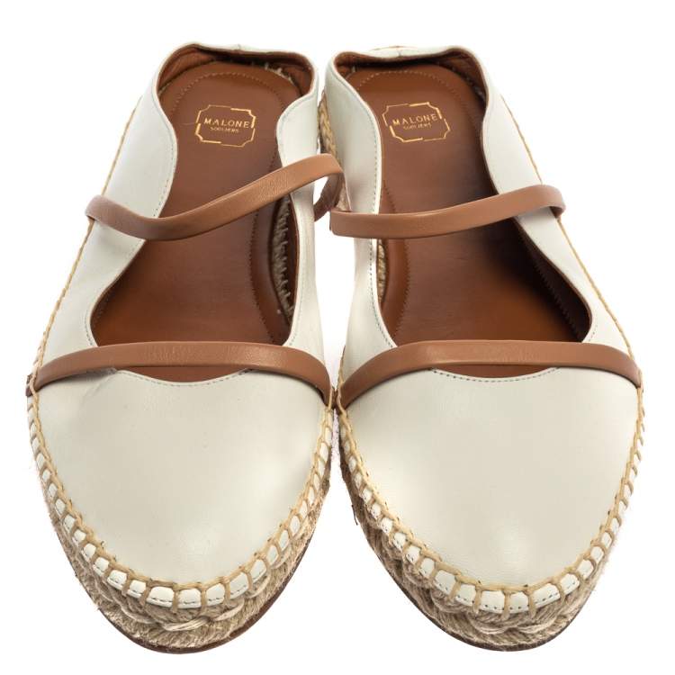 مملوكة مسبقًا Malone Souliers White/Beige Leather Sienna Flat Espadrille Mules Size 39