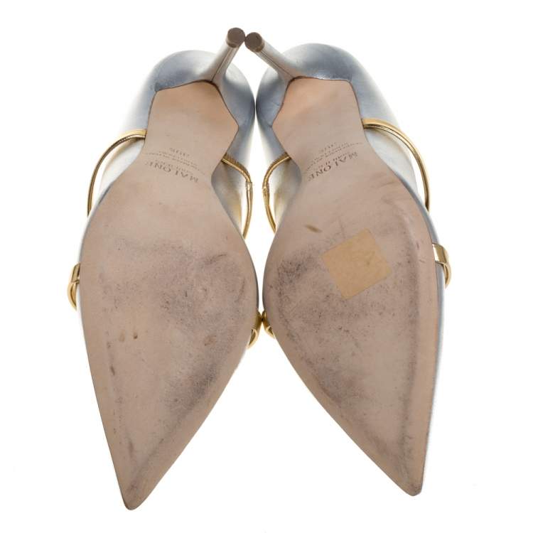 Pre Owned Malone Souliers Silver/Gold Leather Maureen Pointed Toe Pumps Size 39.5
