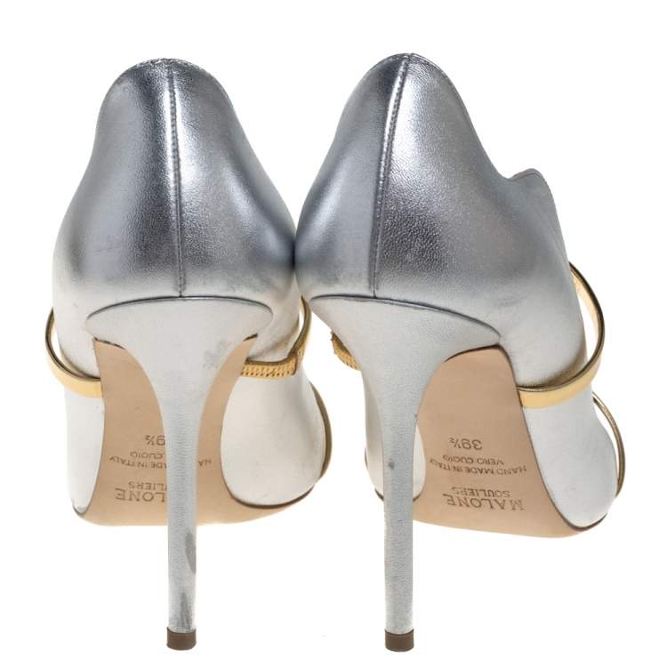 Pre Owned Malone Souliers Silver/Gold Leather Maureen Pointed Toe Pumps Size 39.5