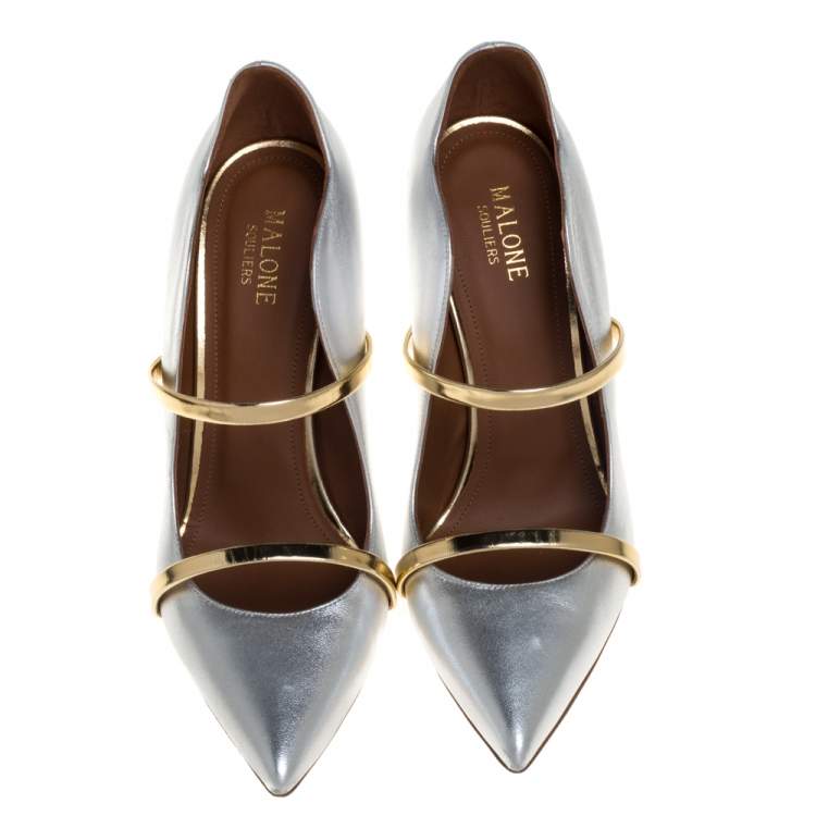 Pre Owned Malone Souliers Silver/Gold Leather Maureen Pointed Toe Pumps Size 39.5