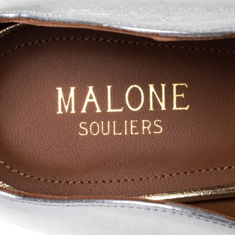 Pre Owned Malone Souliers Silver/Gold Leather Maureen Pointed Toe Pumps Size 39.5