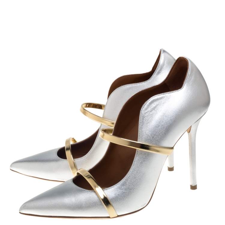 Pre Owned Malone Souliers Silver/Gold Leather Maureen Pointed Toe Pumps Size 39.5