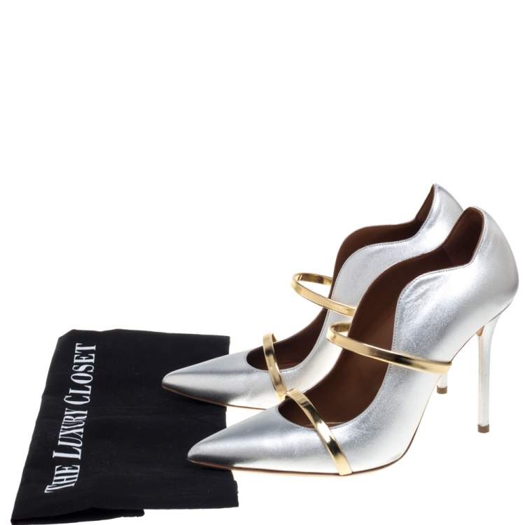 Pre Owned Malone Souliers Silver/Gold Leather Maureen Pointed Toe Pumps Size 39.5