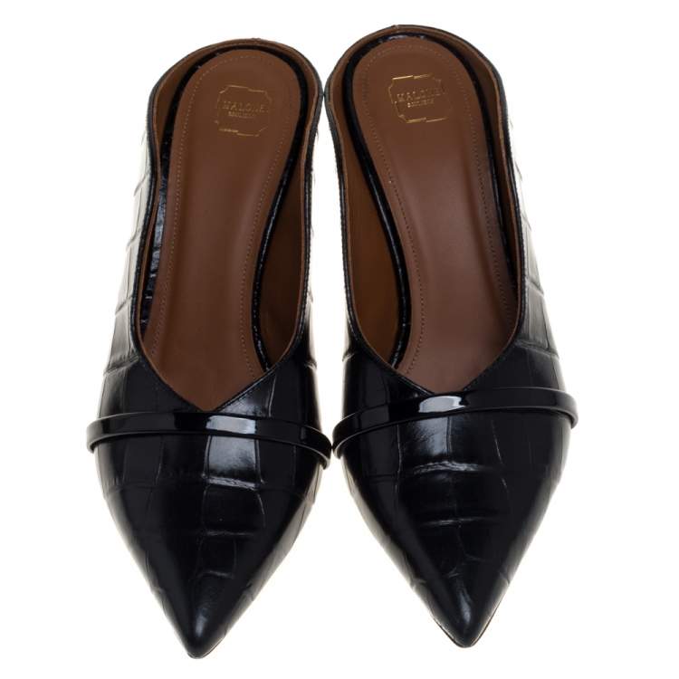 Pre Owned Malone Souliers Black Croc Embossed Leather Maureen Pointed Toe Mules Size 38