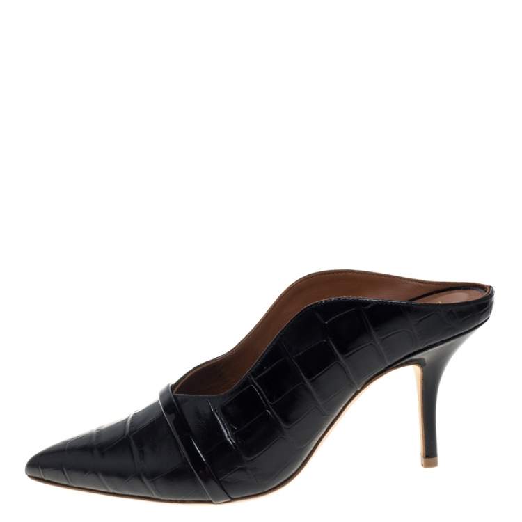 Pre Owned Malone Souliers Black Croc Embossed Leather Maureen Pointed Toe Mules Size 38