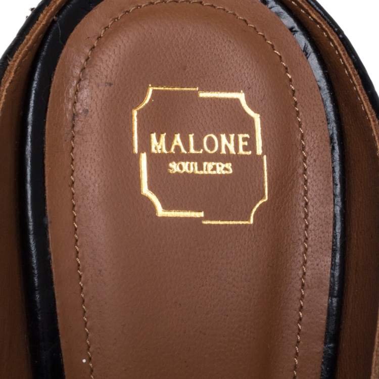 Pre Owned Malone Souliers Black Croc Embossed Leather Maureen Pointed Toe Mules Size 38