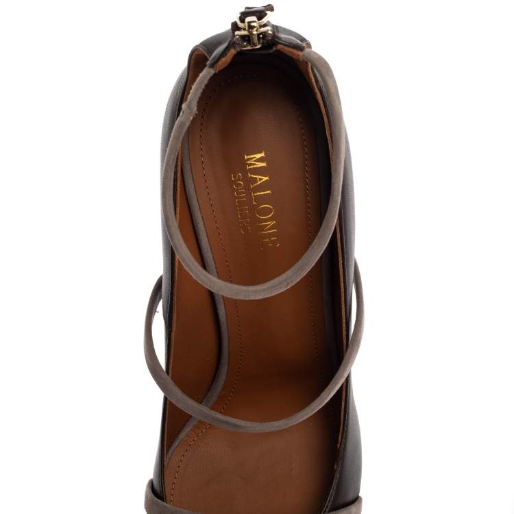 Pre Owned Malone Souliers Brown/Grey Leather And Suede Robyn Ankle Strap Pumps Size 39