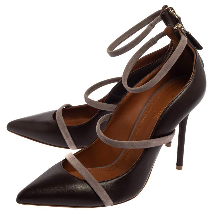 Pre Owned Malone Souliers Brown/Grey Leather And Suede Robyn Ankle Strap Pumps Size 39