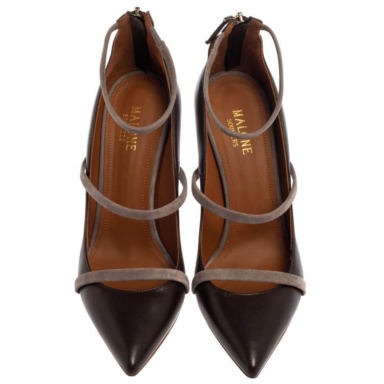 Pre Owned Malone Souliers Brown/Grey Leather And Suede Robyn Ankle Strap Pumps Size 39