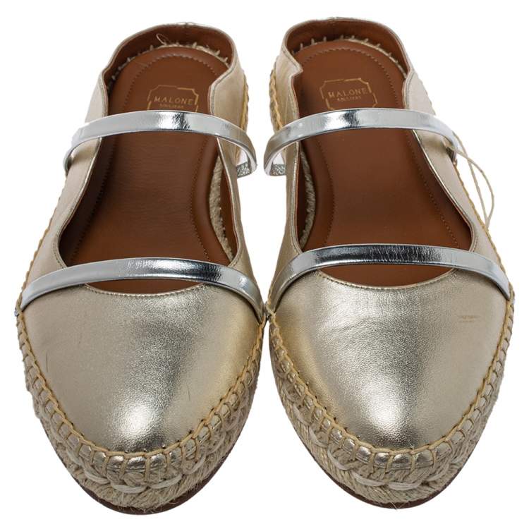 Pre Owned Malone Souliers Metallic Gold/Silver Leather Sienna Flat Espadrille Mules Size 36