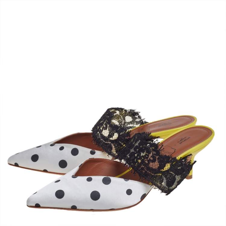 Pre Owned Malone Souliers by Emanuel Ungaro White/Black Polka Dot Satin And Lace Pointed Toe Mules Size 37