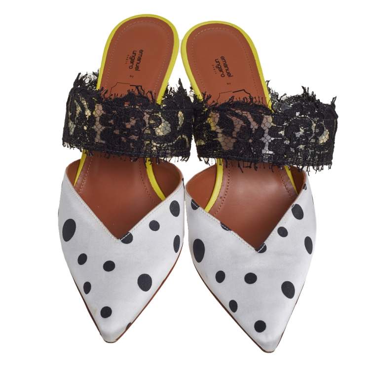 Pre Owned Malone Souliers by Emanuel Ungaro White/Black Polka Dot Satin And Lace Pointed Toe Mules Size 37