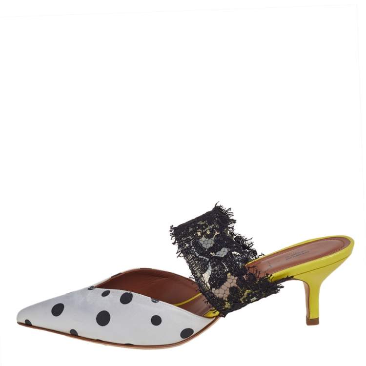 Pre Owned Malone Souliers by Emanuel Ungaro White/Black Polka Dot Satin And Lace Pointed Toe Mules Size 37