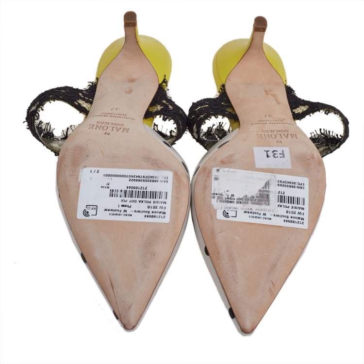 Pre Owned Malone Souliers by Emanuel Ungaro White/Black Polka Dot Satin And Lace Pointed Toe Mules Size 37