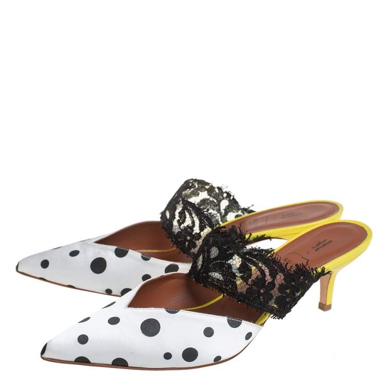 Pre Owned Malone Souliers x Emanuel Ungaro White/Black Polka Dot Satin And Lace Maisie Pointed Toe Mules Size 40.5