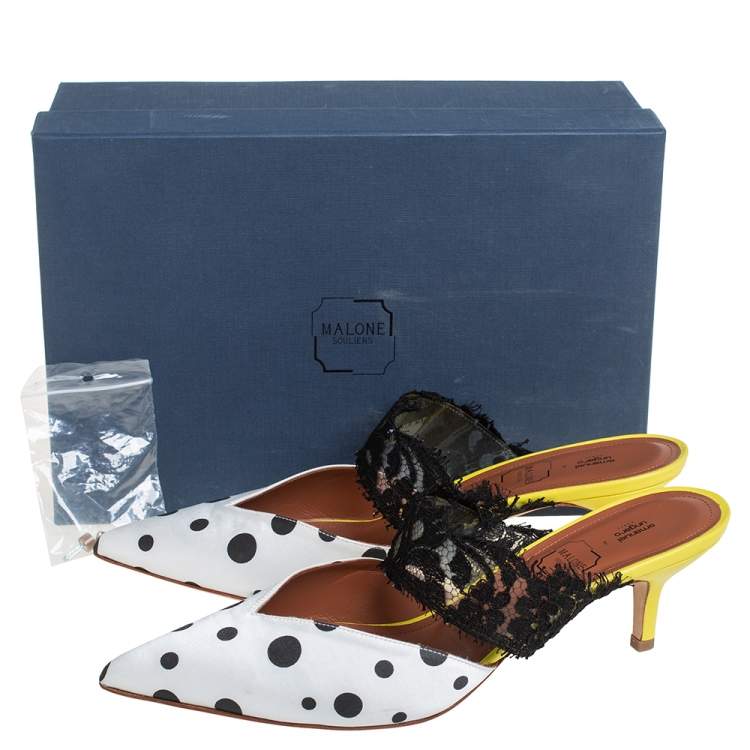 Pre Owned Malone Souliers x Emanuel Ungaro White/Black Polka Dot Satin And Lace Maisie Pointed Toe Mules Size 40.5