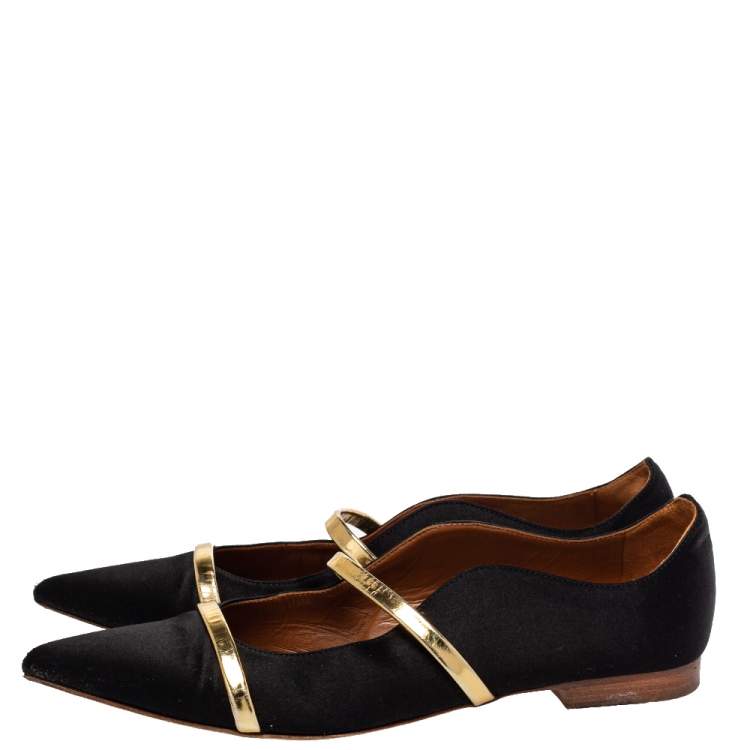مملوكة مسبقًا Malone Souliers Black Satin Maureen Pointed Toe Ballet Flats Size 37.5