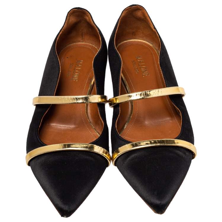 مملوكة مسبقًا Malone Souliers Black Satin Maureen Pointed Toe Ballet Flats Size 37.5
