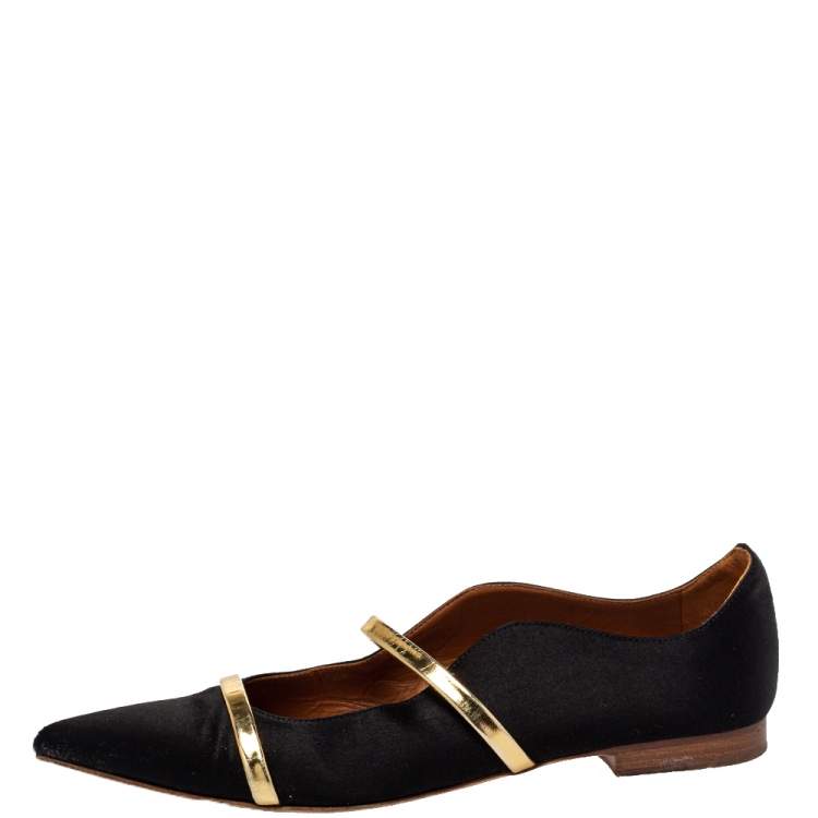 مملوكة مسبقًا Malone Souliers Black Satin Maureen Pointed Toe Ballet Flats Size 37.5