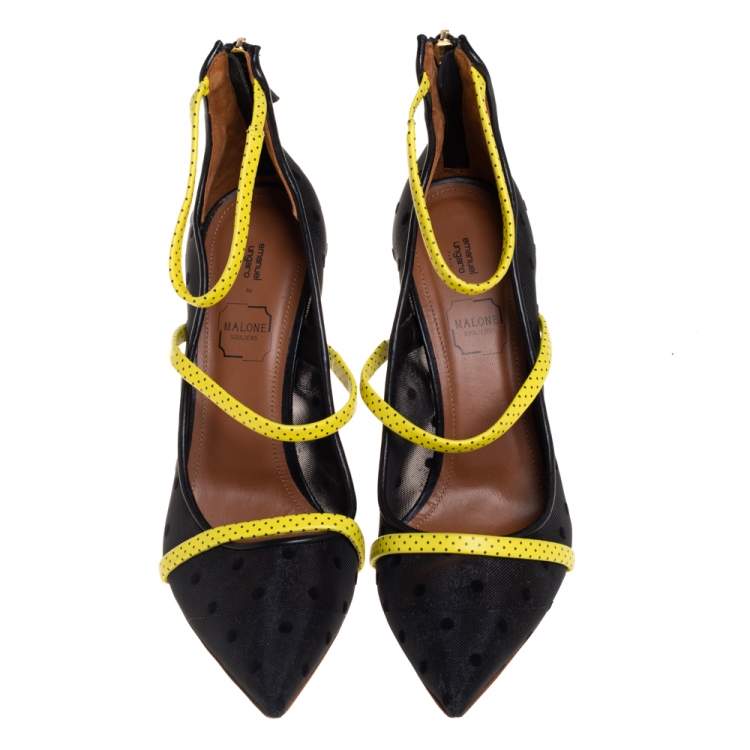 Pre Owned Malone Souliers Black/Yellow Polka Dot Mesh Robyn Pointed Toe Pumps Size 39