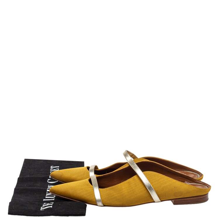 Pre Owned Malone Souliers Yellow Canvas Maureen Pointed Toe Flats Size 38