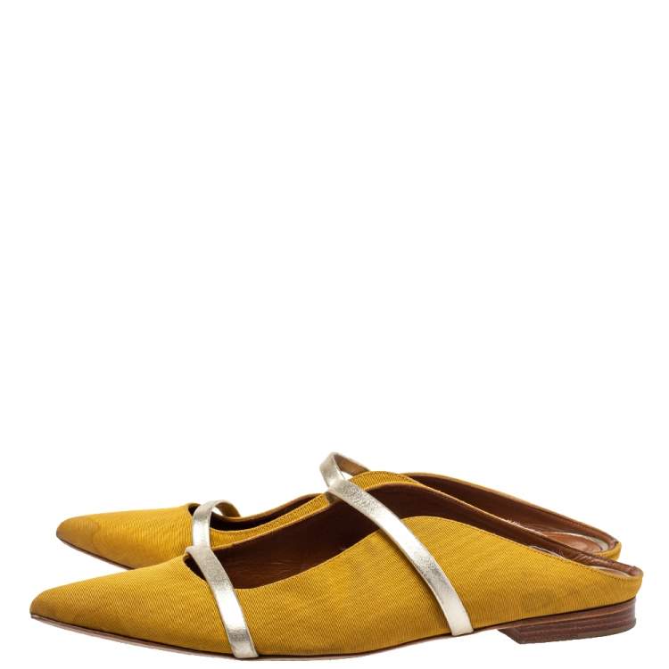 Pre Owned Malone Souliers Yellow Canvas Maureen Pointed Toe Flats Size 38