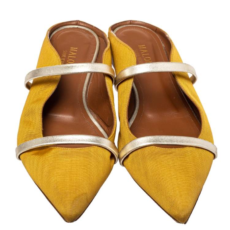 Pre Owned Malone Souliers Yellow Canvas Maureen Pointed Toe Flats Size 38
