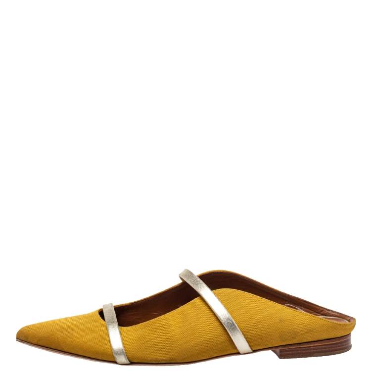 Pre Owned Malone Souliers Yellow Canvas Maureen Pointed Toe Flats Size 38