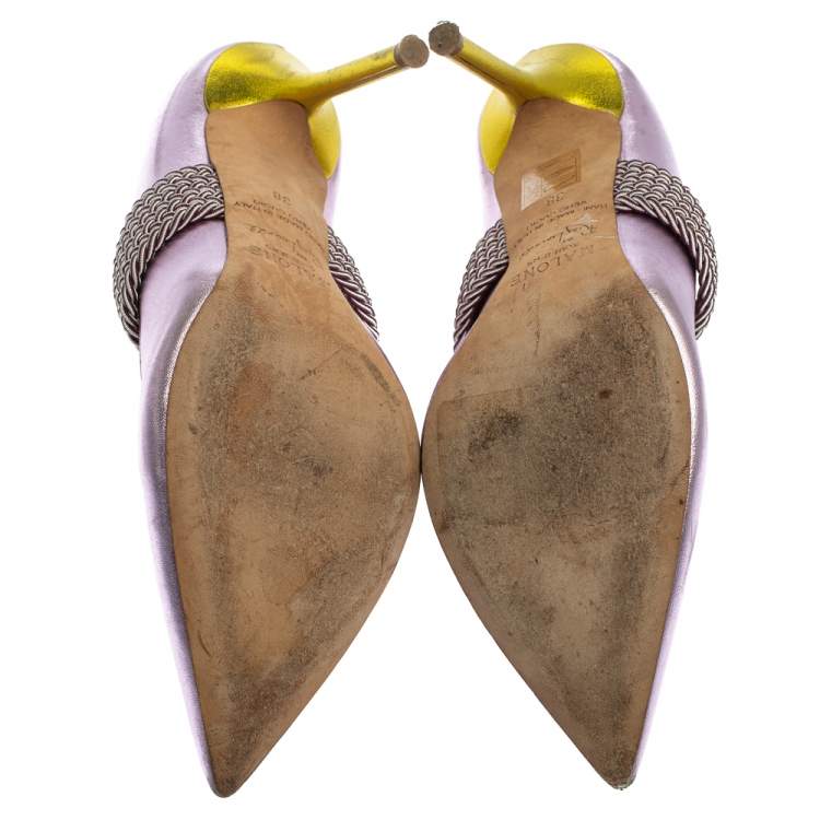 Pre Owned Malone Souliers by Roy Luwolt Metallic Purple Leather Mara Pointed Toe Mules Size 38