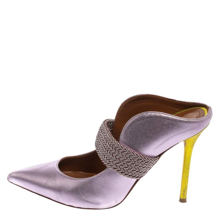 Pre Owned Malone Souliers by Roy Luwolt Metallic Purple Leather Mara Pointed Toe Mules Size 38