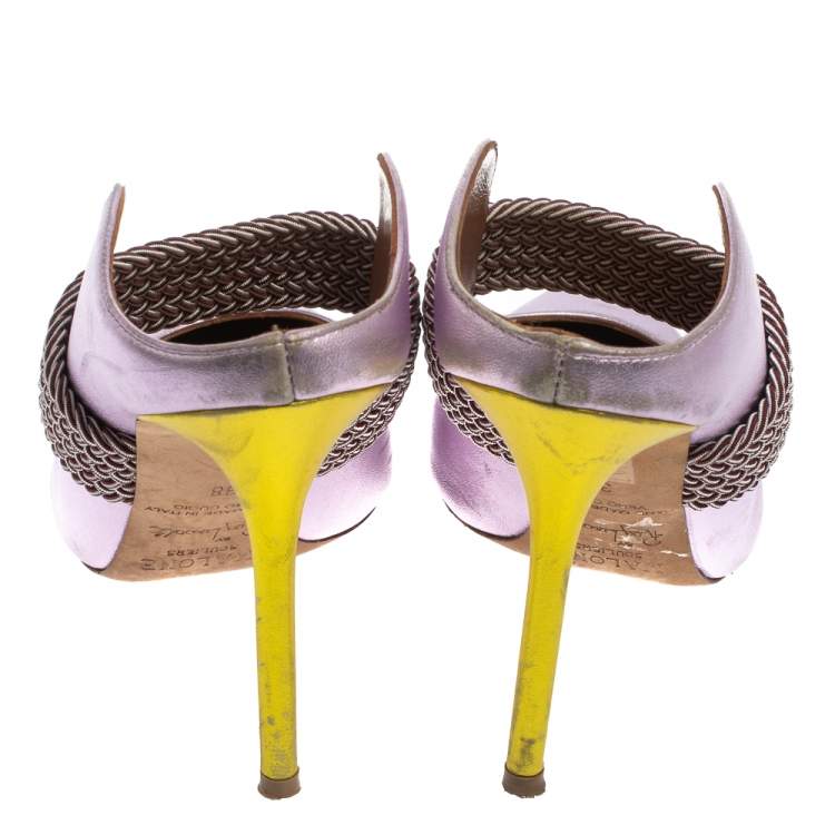 Pre Owned Malone Souliers by Roy Luwolt Metallic Purple Leather Mara Pointed Toe Mules Size 38